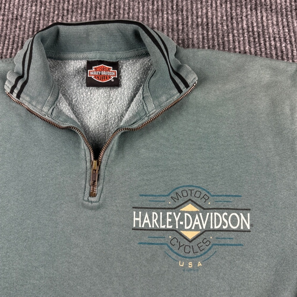 Vintage 1998 Harley Davidson Meredith NH Quarter Zip Sweatshirt Teal Green Mens - Picture 5 of 9
